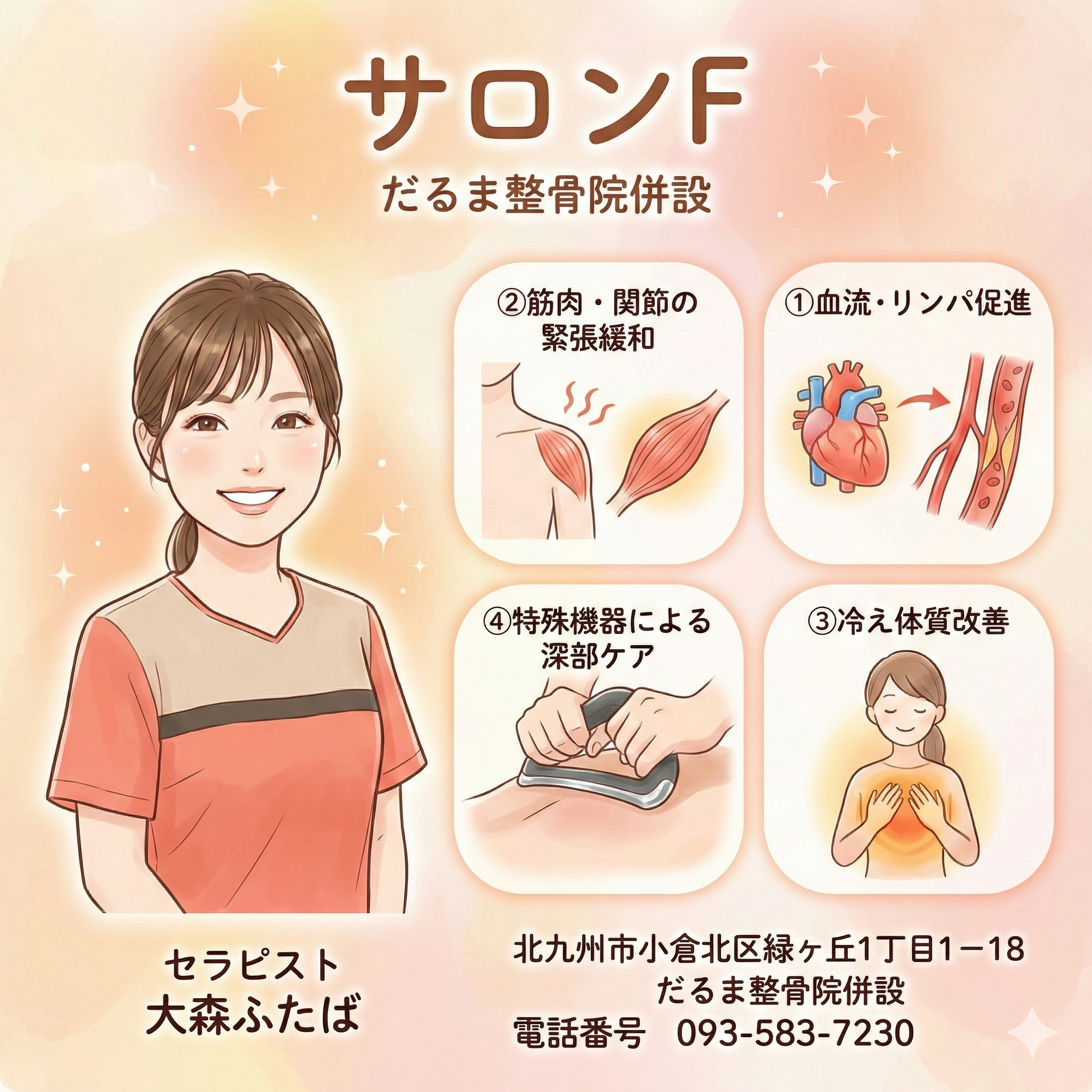 北九州市小倉北区のだるま整骨院併設「サロンF」の紹介。セラピスト大森ふたばの紹介と、血流促進・筋肉の緊張緩和・冷え改善・特殊機器による深部ケアの4つの特徴。