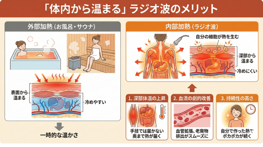 北九州市小倉北区サロンF（エフ）ではマッサージ、マッサージ、リラクゼーションでラジオ波を使用しています。ラジオ波は内部加熱で体内から体内から温めることで冷えやむくみ、体のこりなどを根本的に解決します。