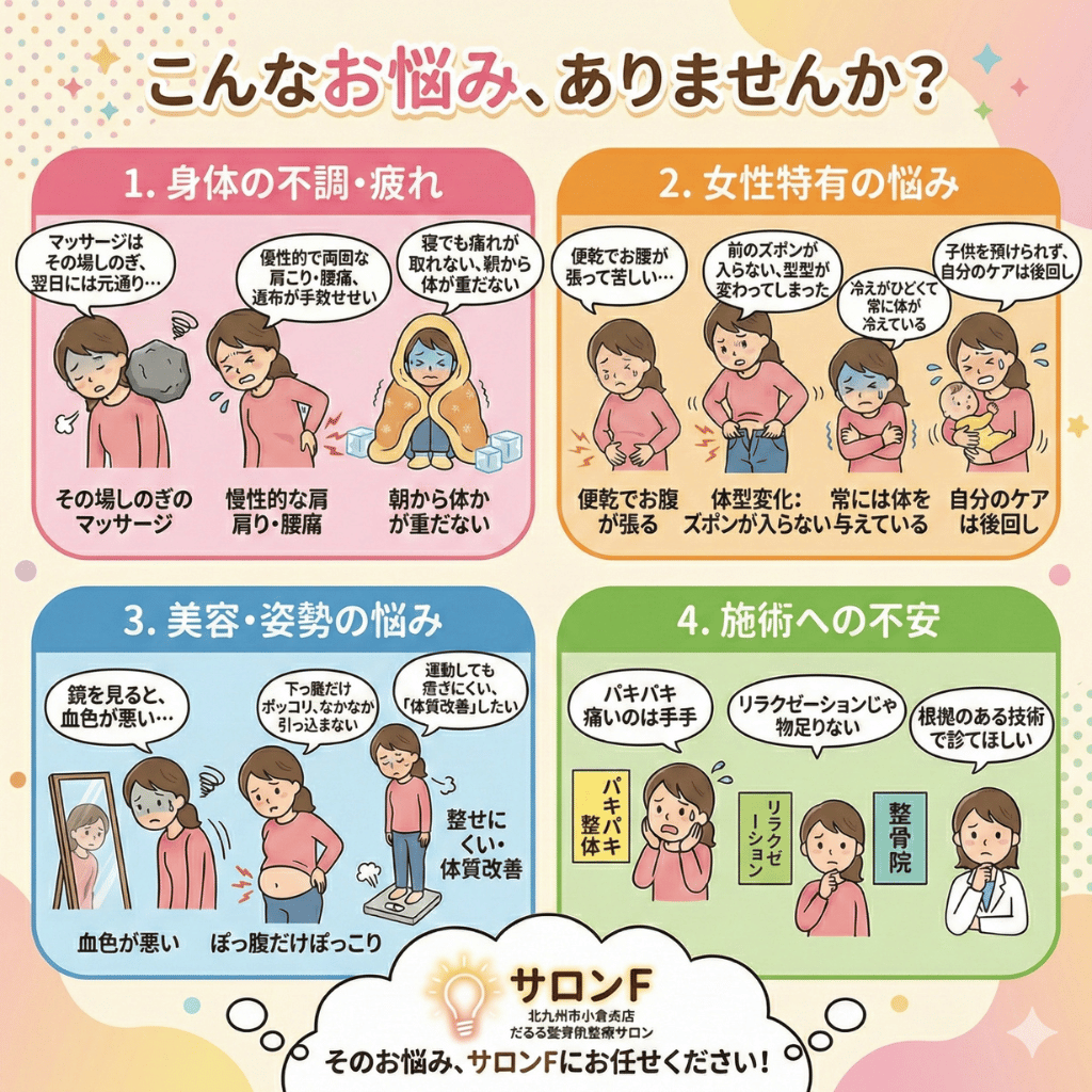 北九州市小倉北区だるま整骨院監修のサロンF（エフ）では体の不調、女性特有の悩み、美容、施術への不安に対して安心してお任せいただけます