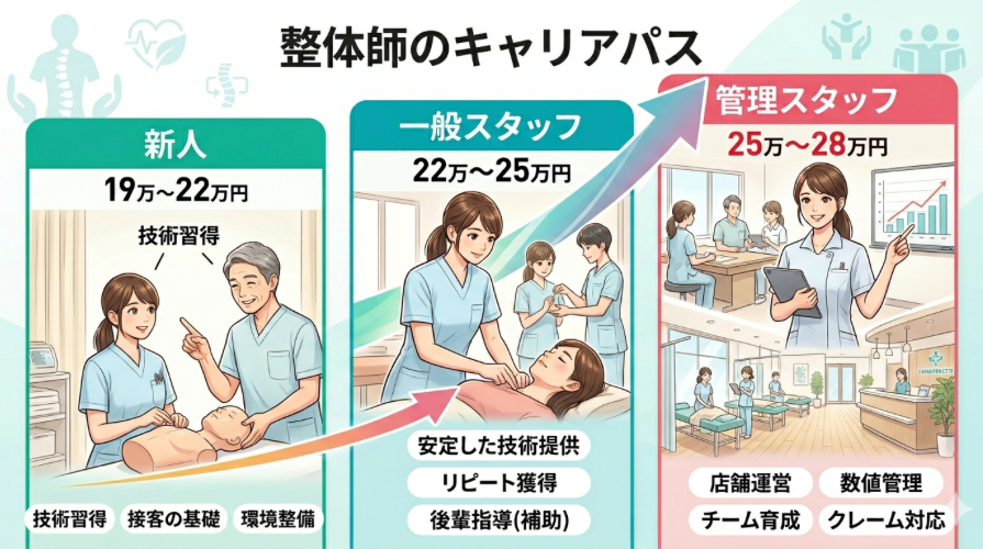 だるま整骨院では成果によって確実に収入や待遇が良くなるようにキャリアパスを採用しております。